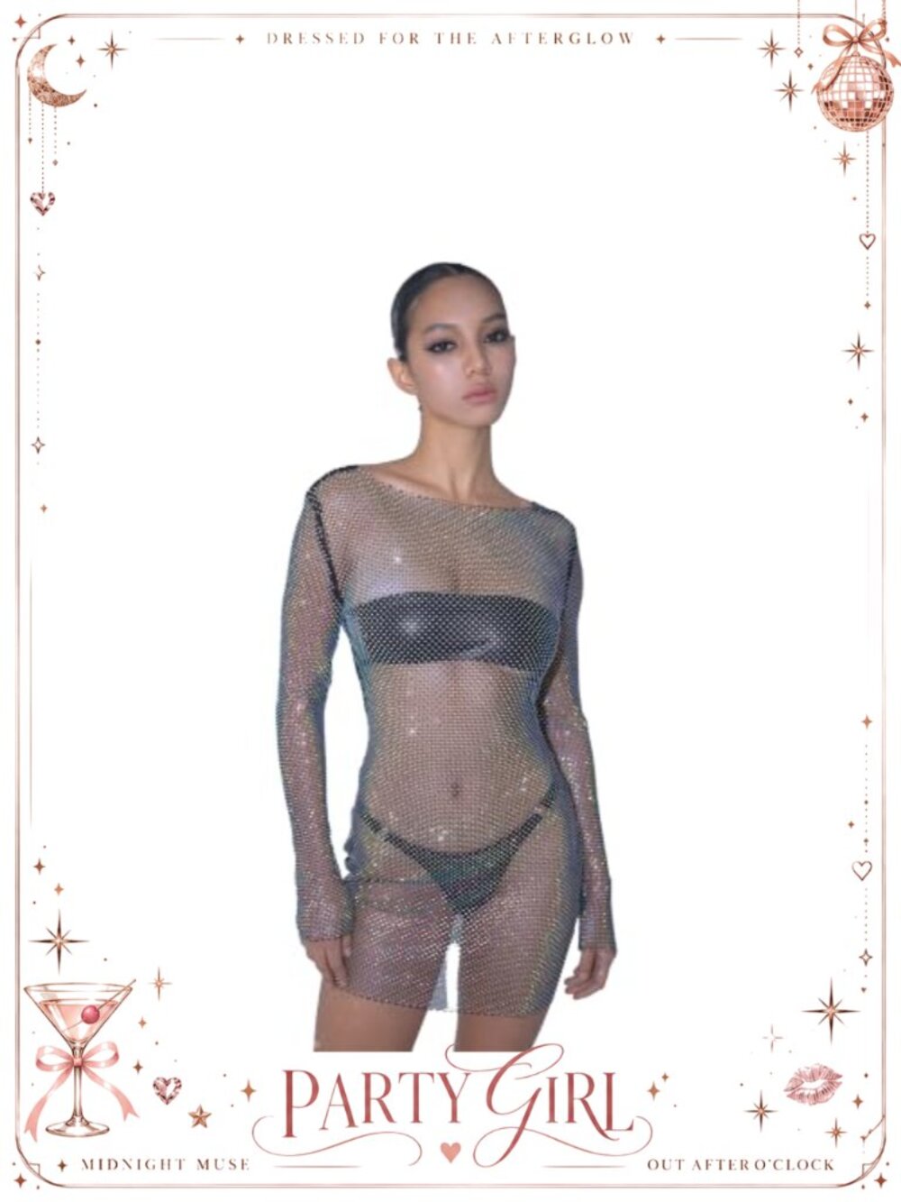 Rhinestone Sheer Mesh Bodycon Mini Dress Long Sleeve V Back Party Clubwear